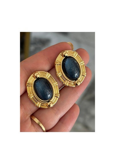 Vintage Model Gold Çerçeveli Lacivert Küpe Altın