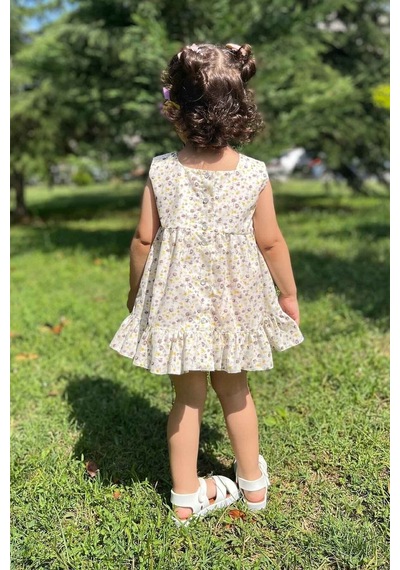 Fiyonk Detaylı Kare Yaka Çiçekli Kahverengi Kız Çocuk Bebek Elbise 001