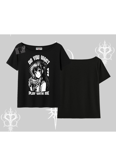 Startmore Startmore Kayık Yaka Tshirt Do You Want Play With Me Anime Kız Baskılı Siyah