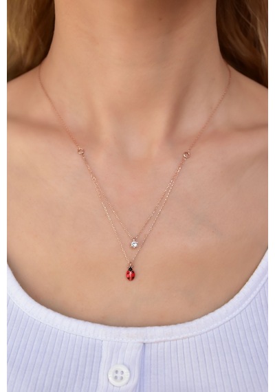 Papatya Silver 925 Ayar Gümüş Rose Kaplama Tektaş Uğur Böceği Asansörlü Kolye