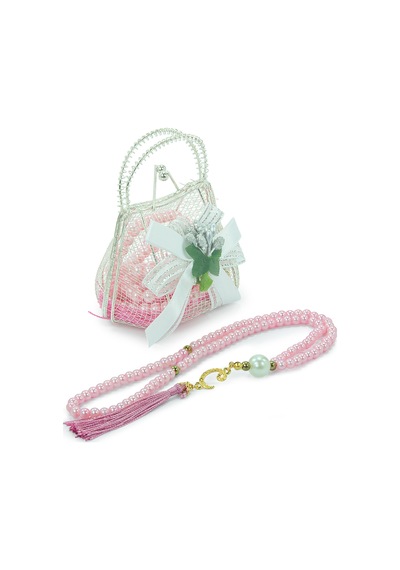 Gümüş Mini Çantalı İnci Tesbihli Mevlüt Hediye Seti - Pembe