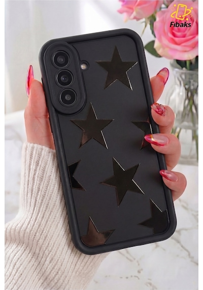 Fibaks Galaxy A37 Uyumlu Kılıf Siyah Yıldız Star Desenli Silikon Darbe Emici Klasik Silikon Kapak