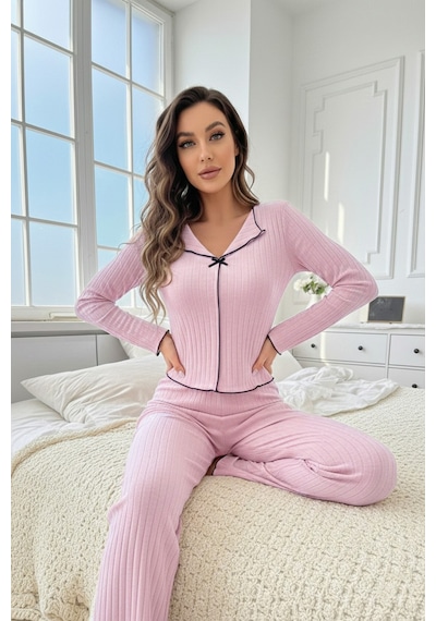 Bella Notte Pembe Pamuklu Siyah Overlok Ve Fiyonk Detaylı Uzun Kollu Pijama Takımı
