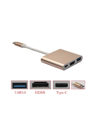 Wozlo Apple Uyumlu iPad Pro 12.9 inç A1876 A1895 Type-C To Hdmi + USB 3.0 Çevirici Dönüştürücü Kablo Gold