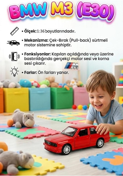 Bmw M3 E30 Işıklı Sesli 1:36 Ölçekli Metal Çek-bırak Mekanizmalı Kapıları Açılabilir Oyuncak Araba Kırmızı
