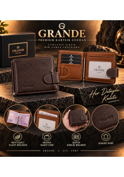 Grande 711 Hakiki Deri Menteşeli Para Bölmeli Erkek Mıknatıslı Kartlık/cüzdan Kahverengi - Taba