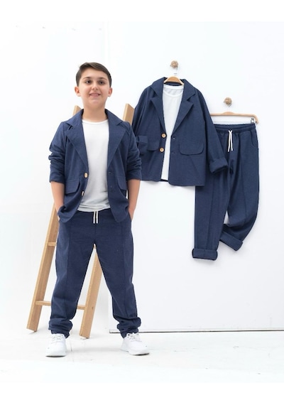 Zelhanbrand Erkek Çocuk Keten Takım Elbise 3 Parça Açık Lacivert