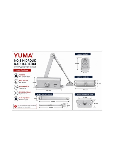Yuma Hidrolik Kapı Kapatıcı, No 3 Kapı Yayı, Hidrolik Kapı Yayı, Otomatik Kapı Kapatıcı, Kapı Kapatma Mekanizması, Kapı 1 Adet Kapı Hidroliği