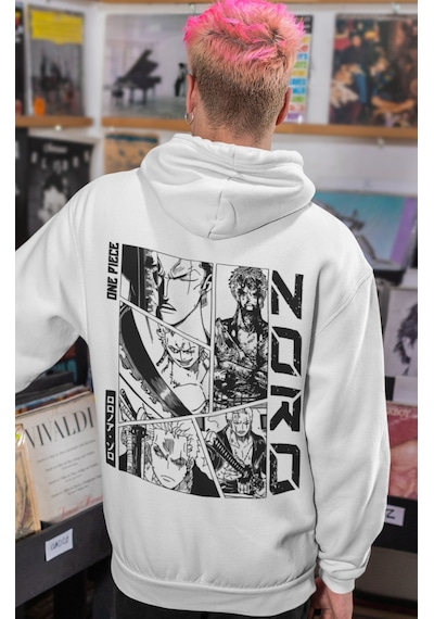 Sevbano One Piece Roronoa Zoro Anime Sırt Baskılı Unisex Oversize Penye H beyaz