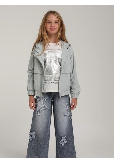 Escabel Kız Çocuk Pamuklu Gümüş Varak Desenli Tasarım T-shirt-15616 Beyaz