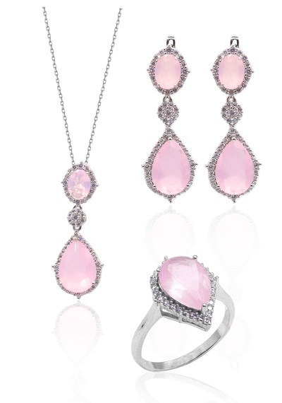 Pembe Kuvars Taşlı Damla Model 925 Ayar Gümüş Dörtlü Set 20102353