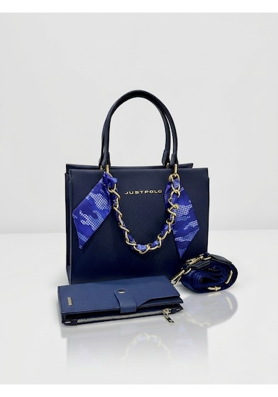Just Polo Kadın Gold Zincirli Şal Detaylı Şık El & Omuz Çantası Ve Cüzdanı Kombin Shopper Ebat: 20 X 25 Cm Lacivert