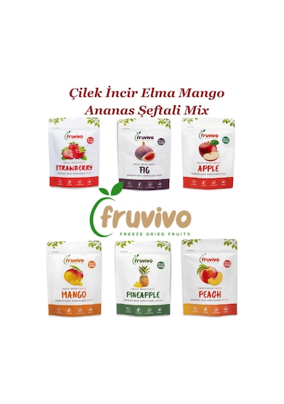 Fruvivo 6'lı Freeze Dry Paket - Çilek + İncir + Elma + Mango + Ananas + Şeftali - Dondurularak Kurutulmuş Meyve Cipsi Şeker İlavesiz %100 Doğal Vegan 120 G