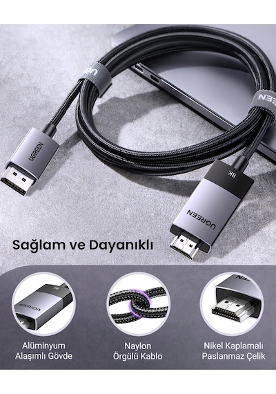 Ugreen 8k 60hz Displayport 1.4 To Hdmı 2.1 Örgülü Kablo, 2m, 80397 -