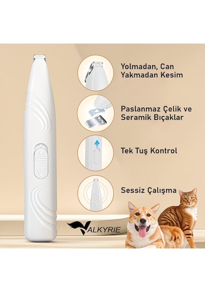 Valkyrie Kedi Köpek Pati Tüy Kesme Makinesi Sessiz Hassas Bölge Traş Cihazı Seramik & Çelik Bıçaklı