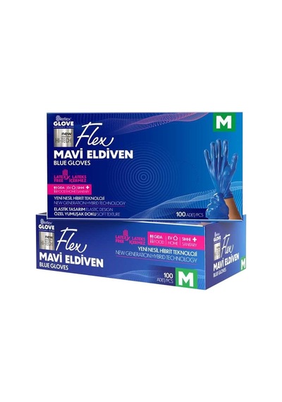 Flex Tpe Mavi Eldiven 100 Adet Medium - Tek Kullanımlık Hijyen Eldiveni 4'li Avantaj Paketi - 4 Tarı
