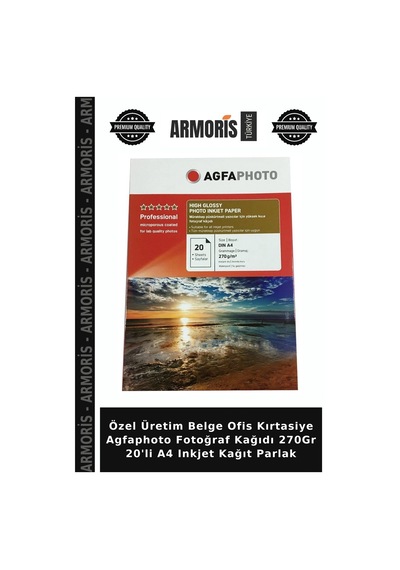 Özel Üretim Belge Ofis Kırtasiye Agfaphoto Fotoğraf Kağıdı 270gr 20'li A4 Inkjet Kağıt Parlak