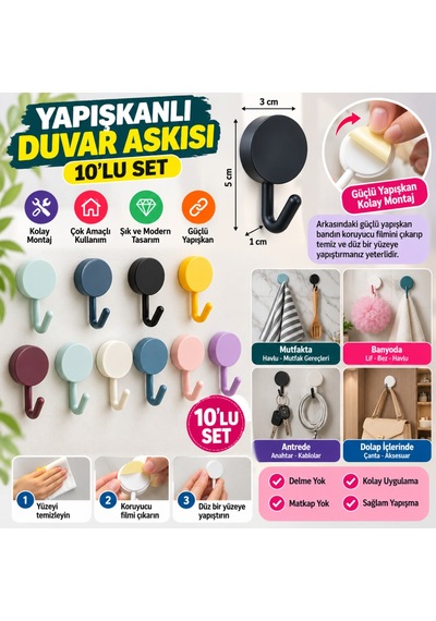10 Lu Plastik Kendinden Yapışkanlı Renkli Askı Seti Siyah