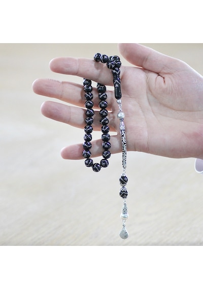 925 Ayar Gümüş Kral Zincir Püsküllü Gümüş Piramit İşlemeli Küre Kesim Erzurum Oltu Taşı Tesbih Siyah