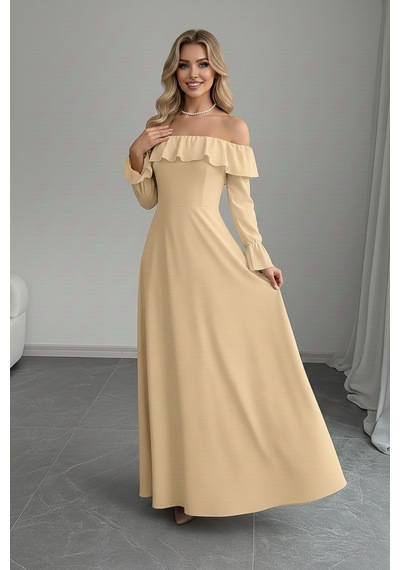 Defymoda Kadın Modern Kesim Fırfır Detaylı Elbise Bej
