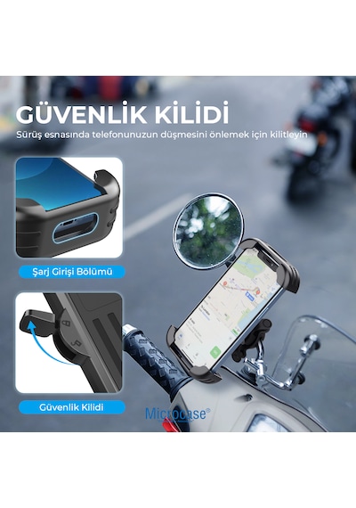 Micorcase Hl-152d Motosiklet Scooter Telefon Tutucu - Titreşim Ve Darbe Korumalı Dikiz Ayna Bağlantılı Güvenlik Kilitli Kurye Telefon Standı - Al5742 Siyah