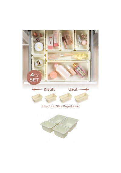 4'lü Set Ayarlanabilir Çekmece Içi Düzenleyici Kutu Uzayıp Kısalabilen Organizer Seti 2a2b Krem