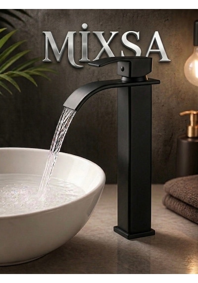 Mat Siyah Şelale Lavabo Bataryası Uzun Çanak Lavabo Musluğu Modern Çift Su Girişli Banyo Musluğu