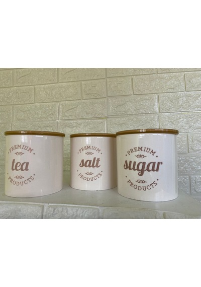 3'lü Vakumlu Kapaklı Porselen 1000 Ml Tea/salt/sugar Çay Tuz Şeker Kavanoz Seti