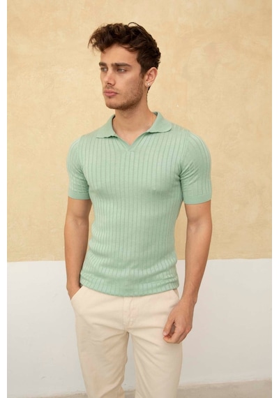 Erkek Fitilli Polo Yaka Triko T-shirt SU YEŞİLİ