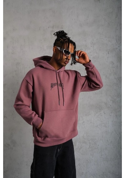 Erkek 3 İplik Pamuklu Baskılı Kapüşonlu Cepli Sweatshirt Hoodie - Gül Kurusu Gülkurusu