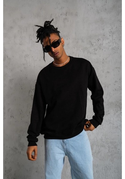 Barlashive Erkek Bisiklet Yaka Baskılı 3 İplik Pamuklu Sweatshirt - Siyah Çok Renkli
