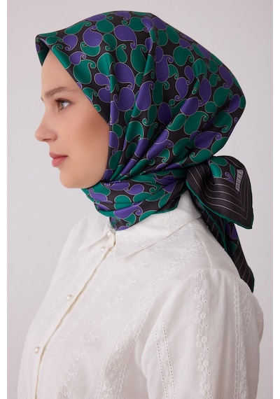 Belli Etnik Desen %100 Twill İpek Eşarp Be22 Koyu Antrasit