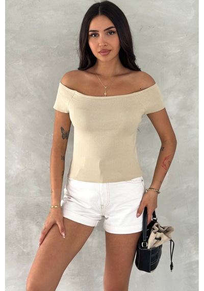 Femelle Kadın Bej Standart Beden Triko Crop Bluz