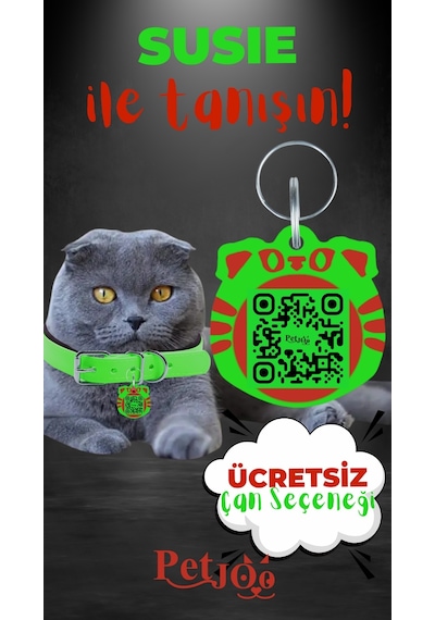 Petjoo 3.Susie Kırmızı-Yeşil Qr'lı Kedi Künyesi