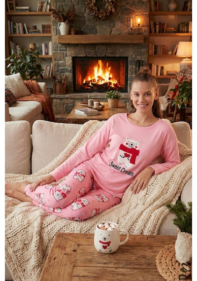 Lela Streç Standart Fit Bisiklet Yaka Desenli Bayan Pijama Takımı 6095700 Pembe
