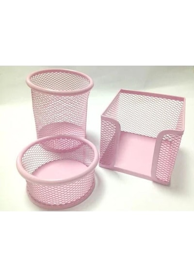 Metal Kalemlik Seti Perfore Üçlü Pembe