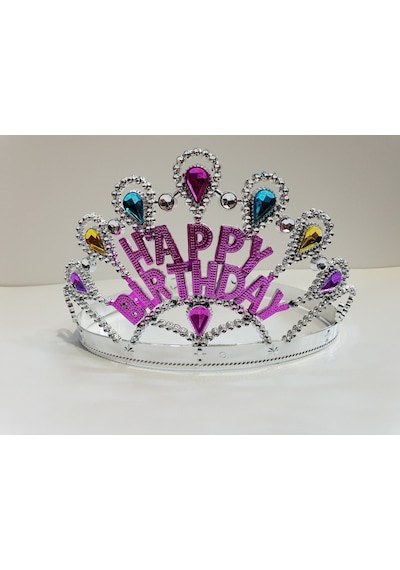 Gümüş Renk Happy Birthday Yazılı Doğum Günü Tacı 60  Cm