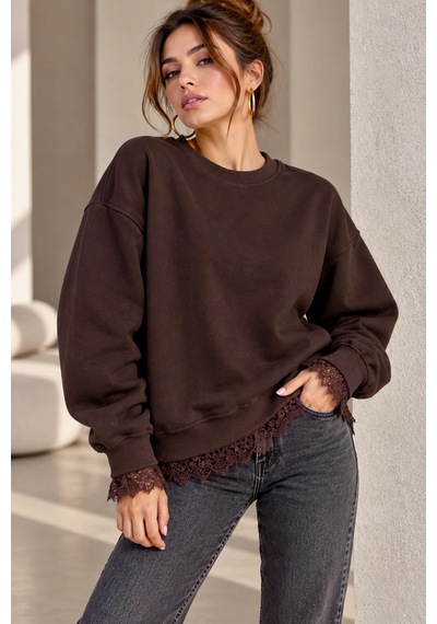 Bb Butik Basic Dantel Detaylı 3 İplik Şardonlu Kadın Sweatshirt My3535 Kahverengi