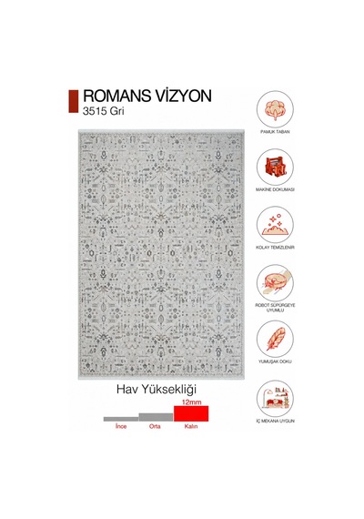 Romans Vizyon 3515 Gri Bej Vintage Desenli Akrilik Yolluk Halısı
