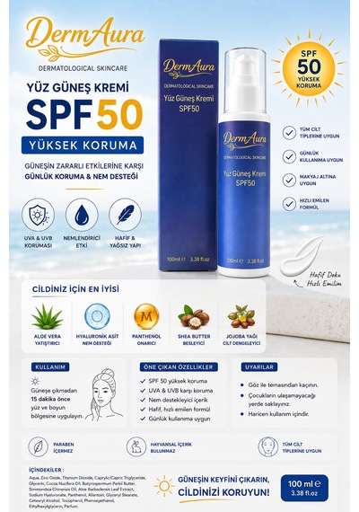 Dermaura Nemlendirici Etkili Yüz Güneş Kremi SPF50+ 100 ML
