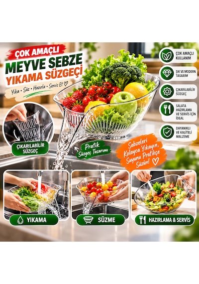Çok Amaçlı Meyve Sebze Yıkama Süzgeci Şeffaf Salata Hazırlama Ve Servis Kasesi