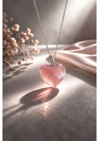 Doğal Pembe Kuvars Taşı Kalp Kolye - Aşk Ve Sevgi Taşı Açık Pembe