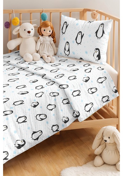 Evimde Bambaşka Penguen Mavi Çocuk Odası Tek Kişilik Pike Takımı - Sevimli Minimal 160x220  CM Kapitone Yatak Örtüsü