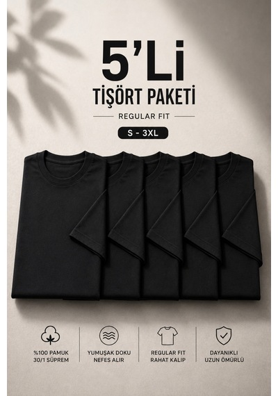 Masion Rae Erkek 5'li Basic Regular Fit Tişört Seti %100 Pamuk Bisiklet Yaka Siyah Renk