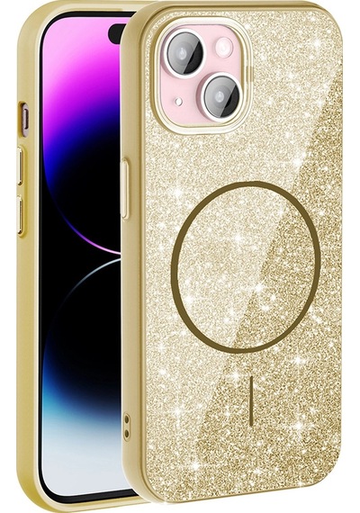 Apple Uyumlu iPad iPhone 15 Kılıf M-safe Şarj Özellikli Parlayan Simli Zore Okso Kapak Gold