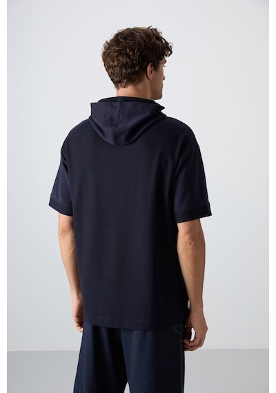 Tommy Life Lacivert Pamuklu Kalın Yüzeyi Dokulu Oversize Fit Basic Erkek T-shirt - 88335 Lacivert