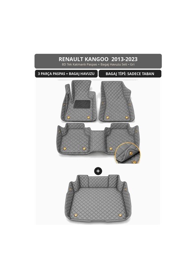 Renault Kangoo 2013-2023 Uyumlu 8d Tek Katmanlı Paspas + Bagaj Havuzu Seti Gri