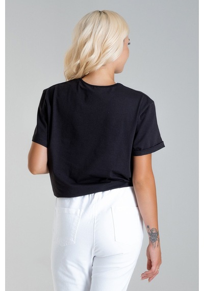 Kadın Bağlamalı Baskılı Viskon Kombinli Likralı Örme Kumaş Sıfır Yaka Tshirt Ekru - Siyah Kadın Bağlamalı Baskılı Viskon Kombinli Likralı Örme Kumaş Sıfır Yaka Tshirt Ekru - Siyah