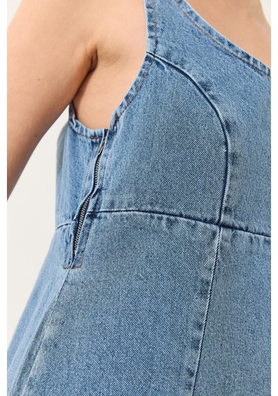 Kadın Geniş Yaka Askılı Kloş Denim Elbise 6069 60281038 - Buz Mavisi