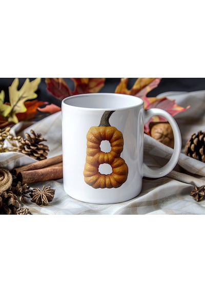 B Baş Harf Bal Kabağı Şekilli Kupa Bardak - Kişiye Özel Cadılar Bayramı / Halloween Konsept Beyaz